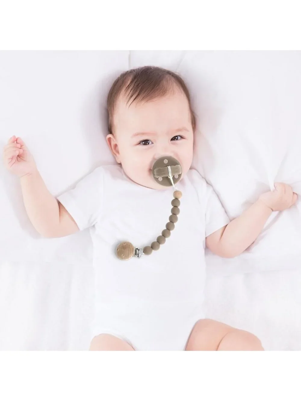 Silicone Baby Pacifier Clips - 2 Pack Binky Holders (Sand & Light Grey)